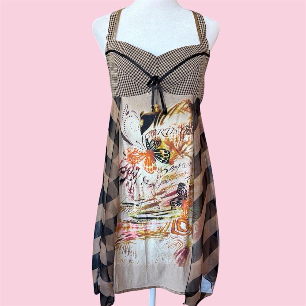 Y2K la mode est a vous brown and beige gingham mini dress with mesh overlay
